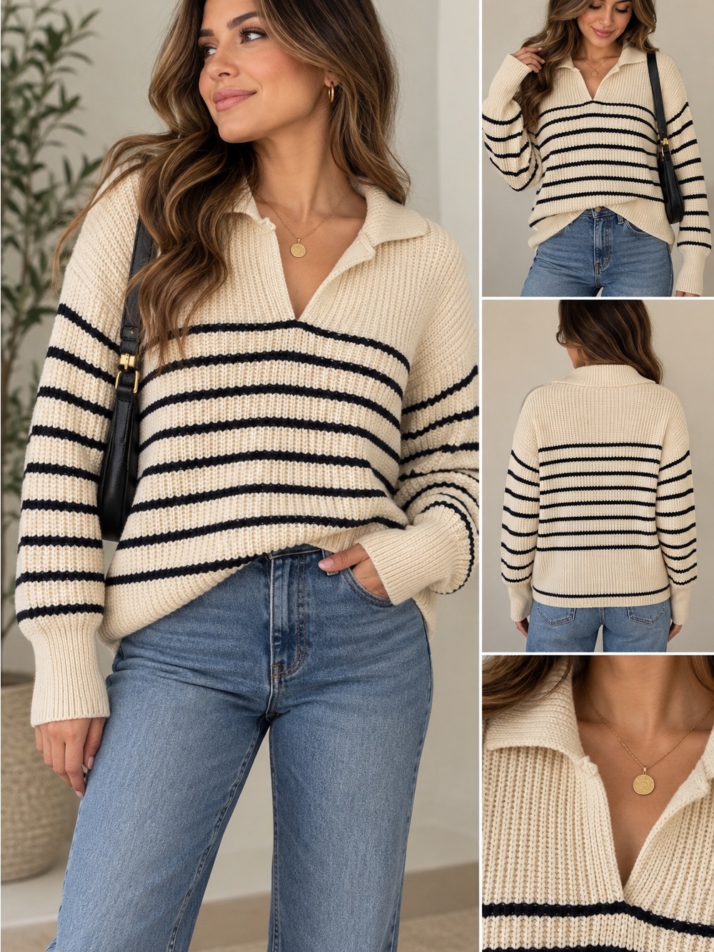 Zara Cream and Black Striped V-Neck Sweater